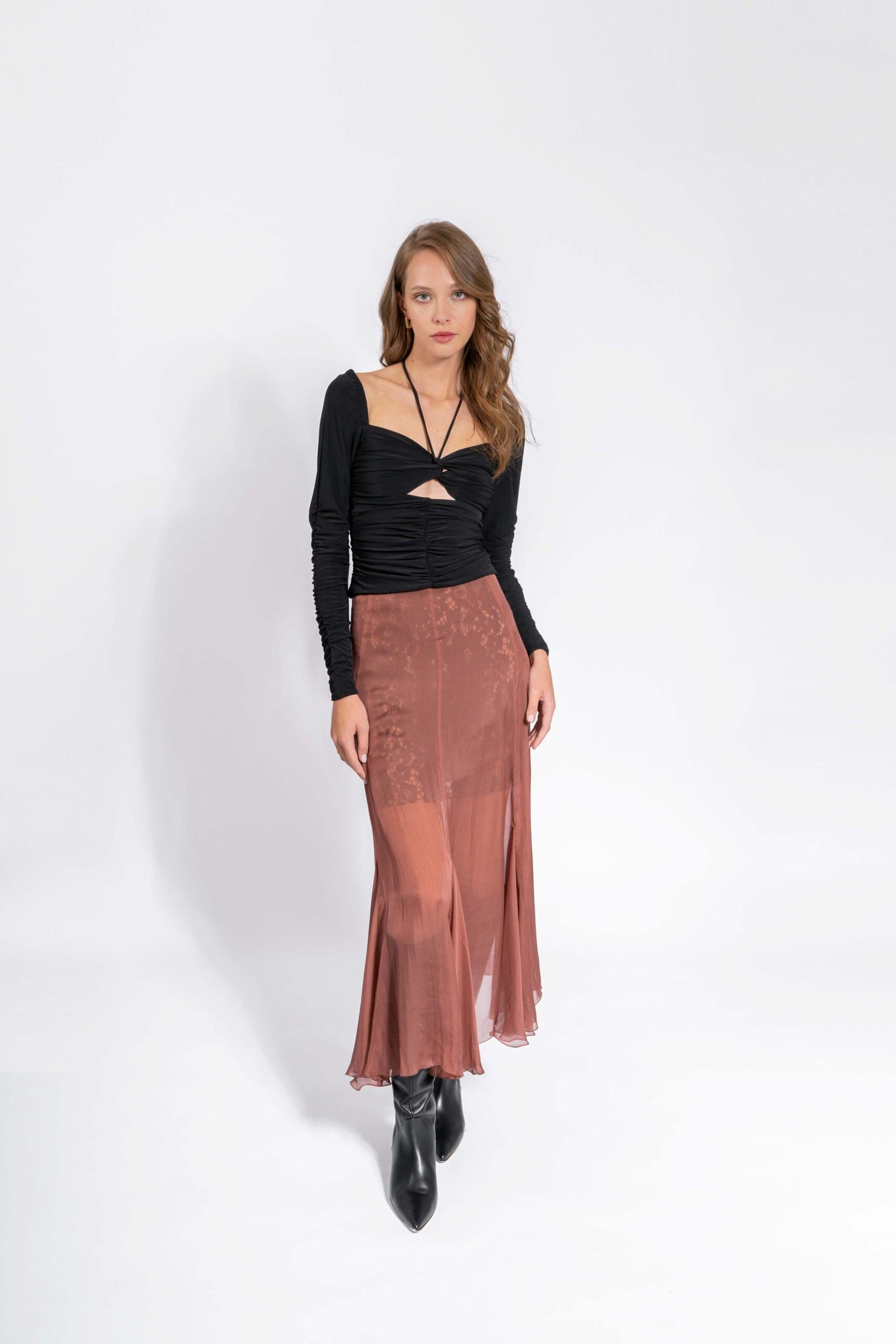 Suknja svilena midi sa čipkanom podsuknjom NINA