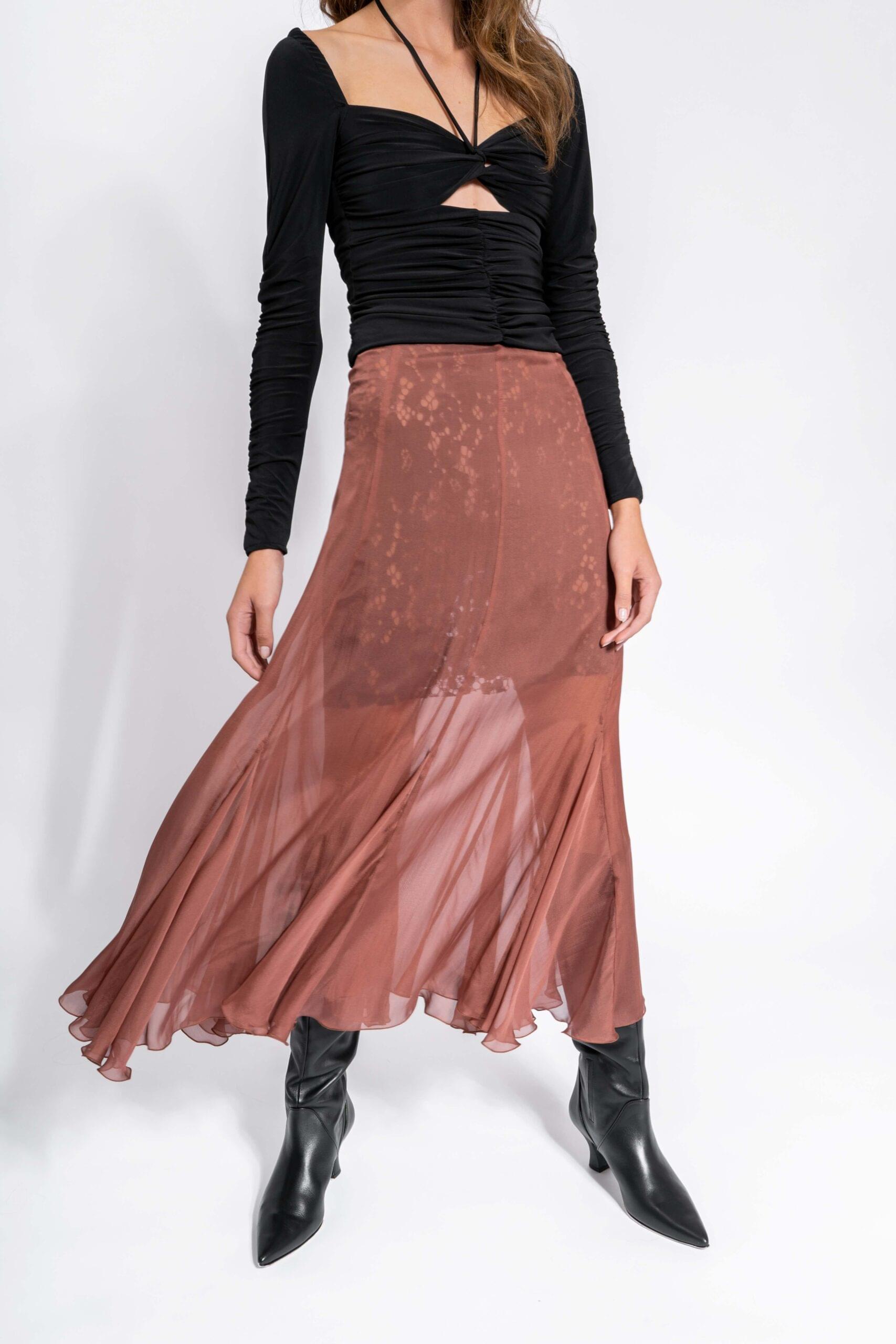 Suknja svilena midi sa čipkanom podsuknjom NINA - Slika 4