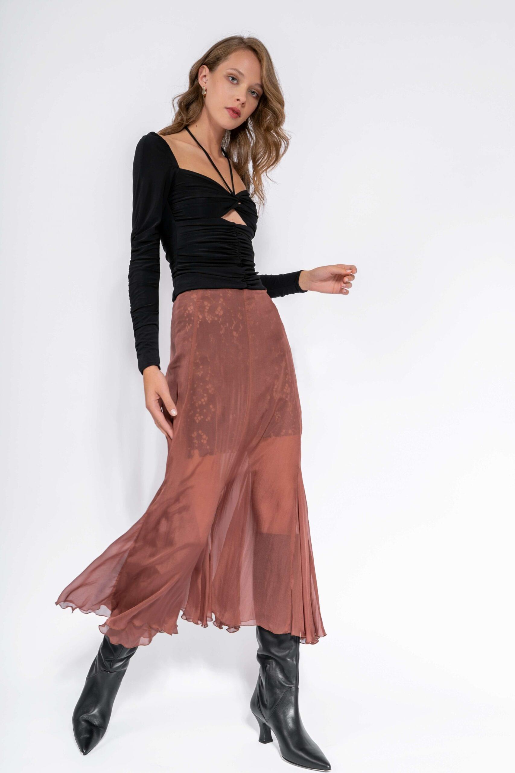 Suknja svilena midi sa čipkanom podsuknjom NINA - Slika 3