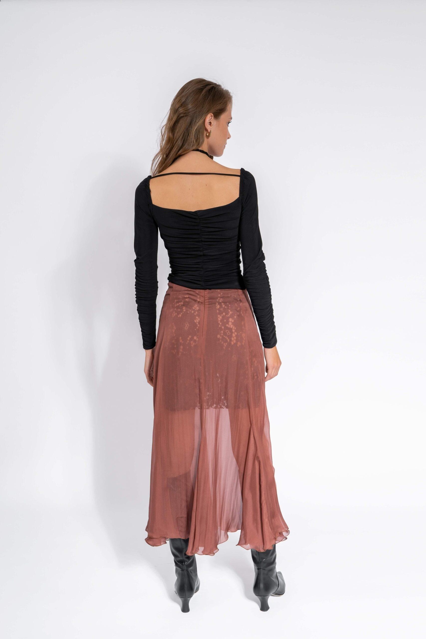 Suknja svilena midi sa čipkanom podsuknjom NINA - Slika 2